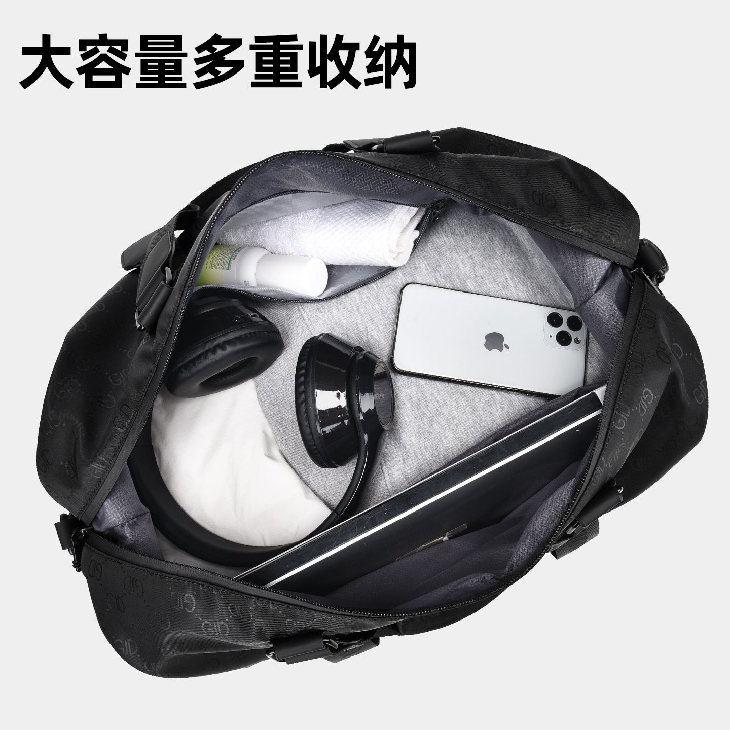 Seco y húmedo separación bolsa de viaje ocio película de cuero negro textura bolsa de mano de alta capacidad bolsa deportiva de tendencia