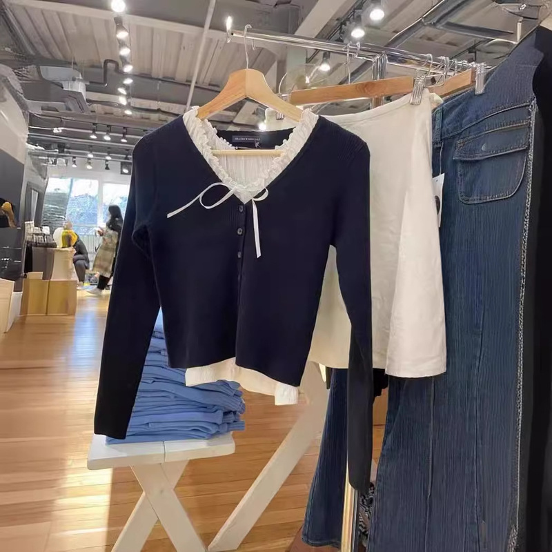 BM Style American NaVy Blue Lace V Neck Long-sleeVed Single-breasted Knitted Cardigan Women's Slim Short Outwear