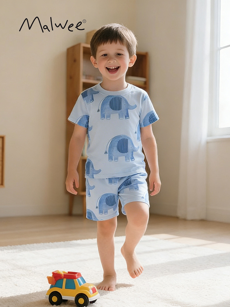 Malwee transfronterizo pijamas de niños verano nuevo estilo europeo y americano ropa de casa para niños camisetas de cuello redondo para niños dos juegos