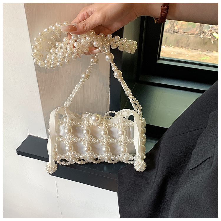 Women's Small Plastic Solid Color Elegant Pearls Hollow Square Open Shoulder Bag display picture 9