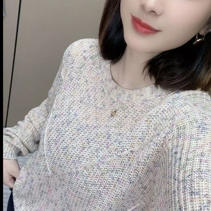 春秋幻彩圆领套头衫女长袖气质百搭宽松显瘦新款针织上衣|undefined