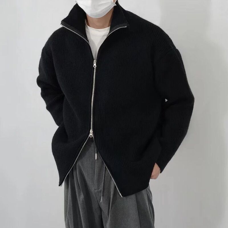 2024 Heavy Four Corner Style High Neck Cardigan Zipper Jacket Sweater Knitwear All-match Solid Color Men's and Women's Simple