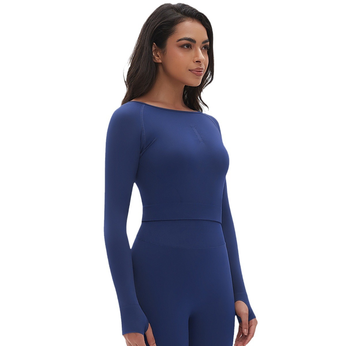 Cross-border Europa y Estados Unidos sin costuras de punto de color sólido ajustado alto elástico ropa de yoga deportiva de manga larga para correr y ejercer yoga tops mujeres image 6