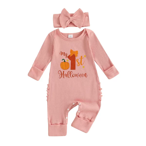 Halloween Cross-Border Foreign Trade Women's Long-Sleeved Jumpsuit with Letter Print and Bow Set