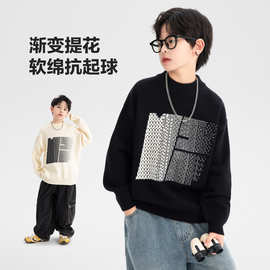 男童冬装韩范半高领宽松毛衣2025新款儿童冬季黑色加厚针织衫上衣