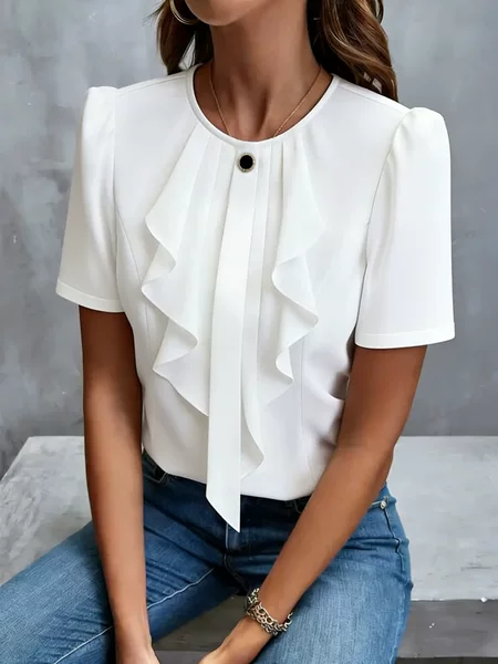 2026 Amazon European and American Women's Clothing Aliexpress New Summer Ruffled Pleated Round Neck Short-Sleeved Shirt Top