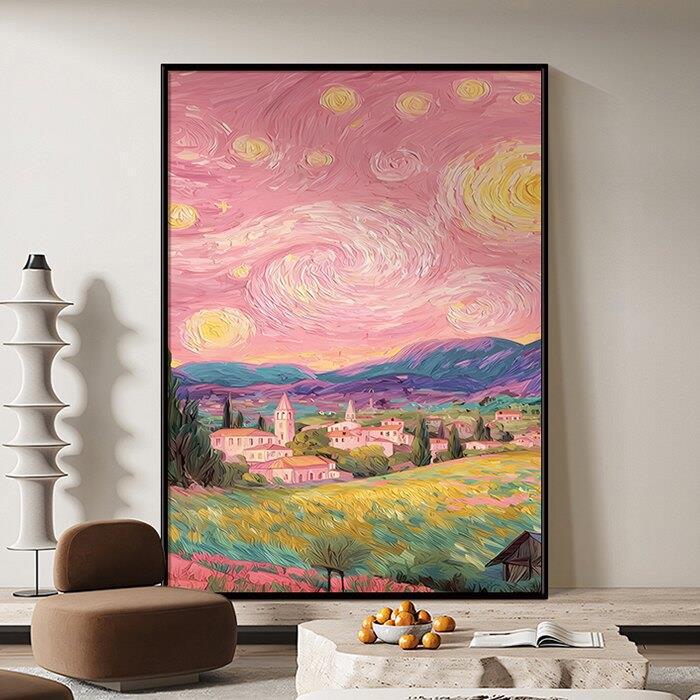 Vertical pink starry sky decorative painting for living room and bedroom, cream-style, high-end landscape, 3D hand-painted wall art