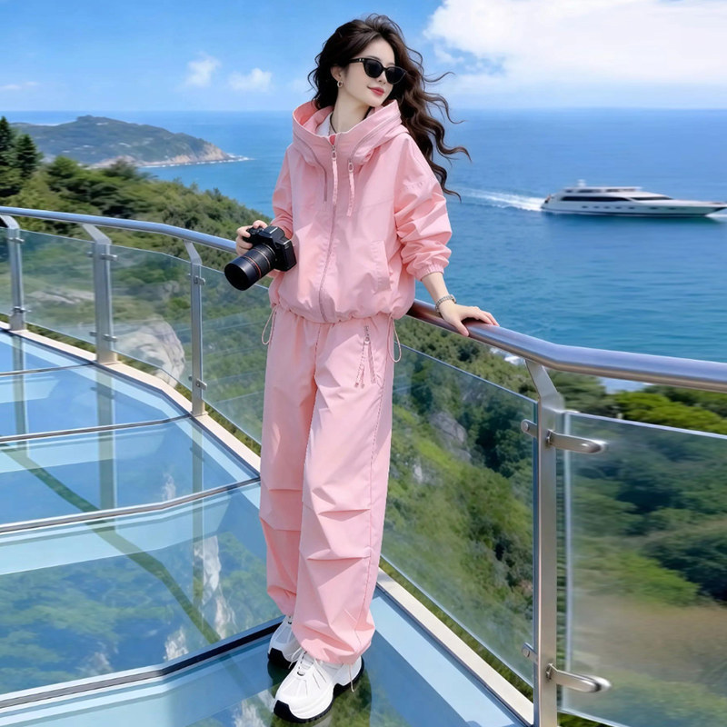 Women's casual loungewear set, 2026 autumn new fashion loose-fit windbreaker jacket and jogger pants two-piece set