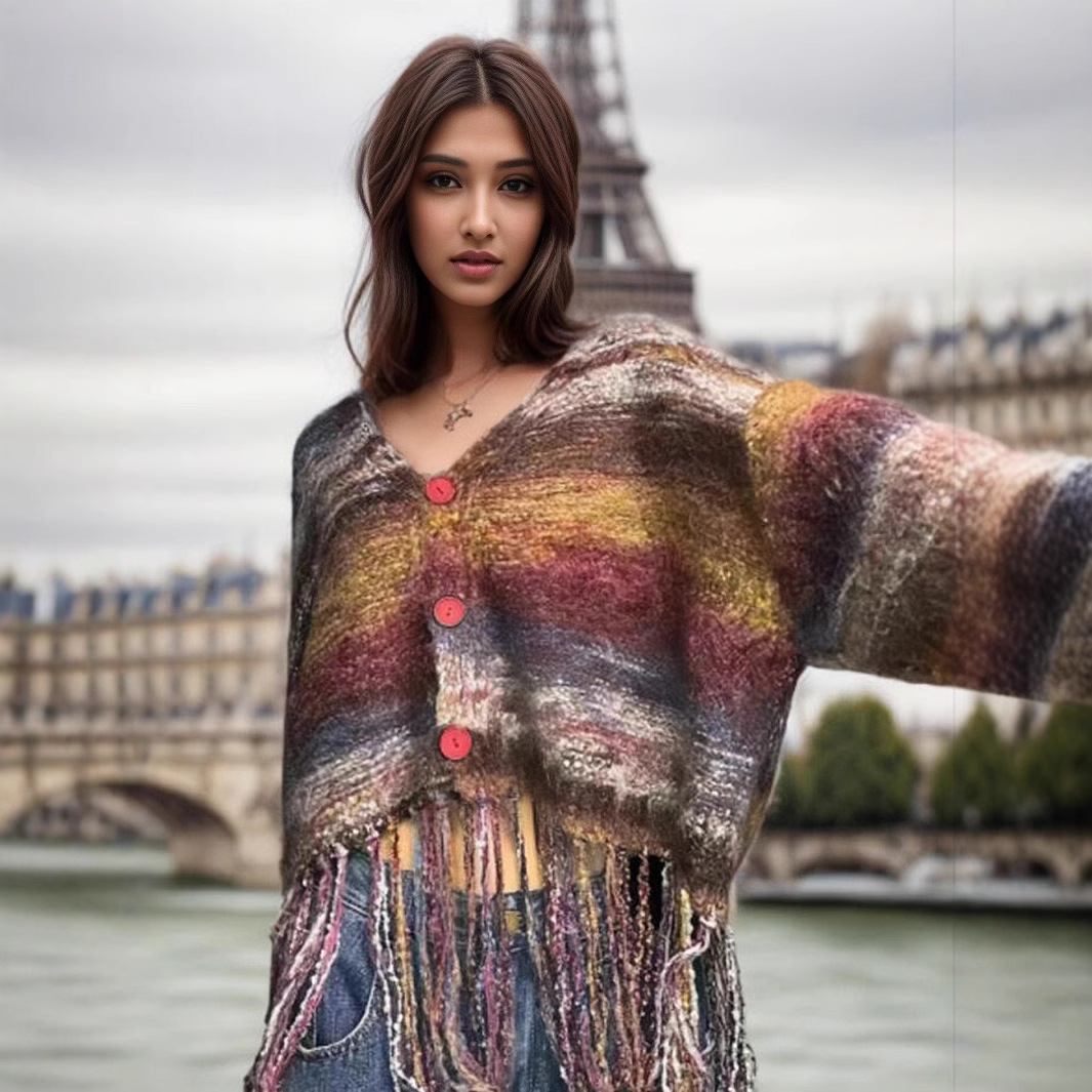 Sweater Knitwear Tassel Loose Versatile Casual Variegated Tie-Dye V Neck Cardigan Autumn and Winter New Women's Tops and Jackets