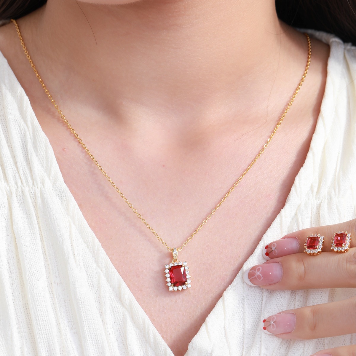 Xuping Jewelry Color Treasure Series Pendientes cuadrados geométricos con incrustaciones de cobre con circón Colgante elegante conjunto de gemas retro