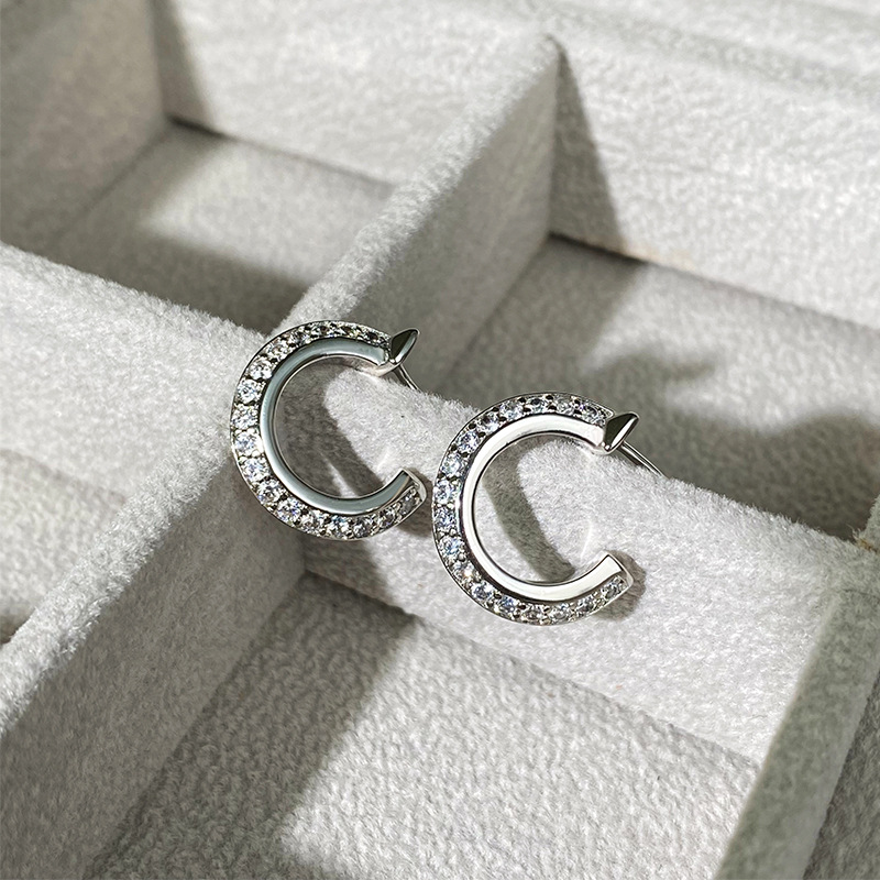 V金新款圓形t1滿鑽耳釘耳飾女鍍18k玫瑰金百搭時尚送閨蜜半鑽耳環