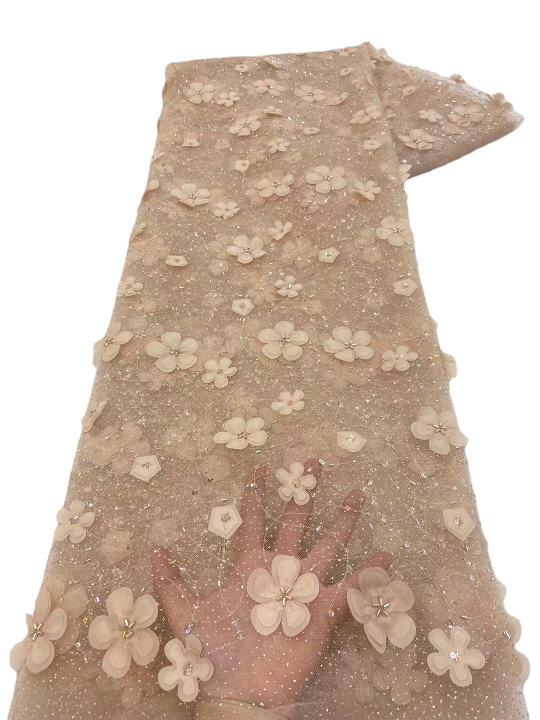 Tela de encaje de flores tridimensional con cuentas ropa infantil fresca vestido de hadas tela de encaje bordado JX3429
