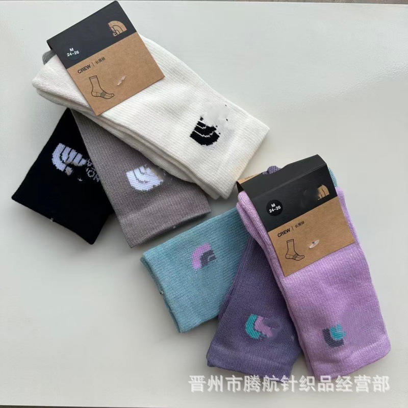 New 3 Pairs of North Face Towel Bottom Sports Socks for Men and Women, Outdoor Running Socks, Fitness Trendy Socks Wholesale