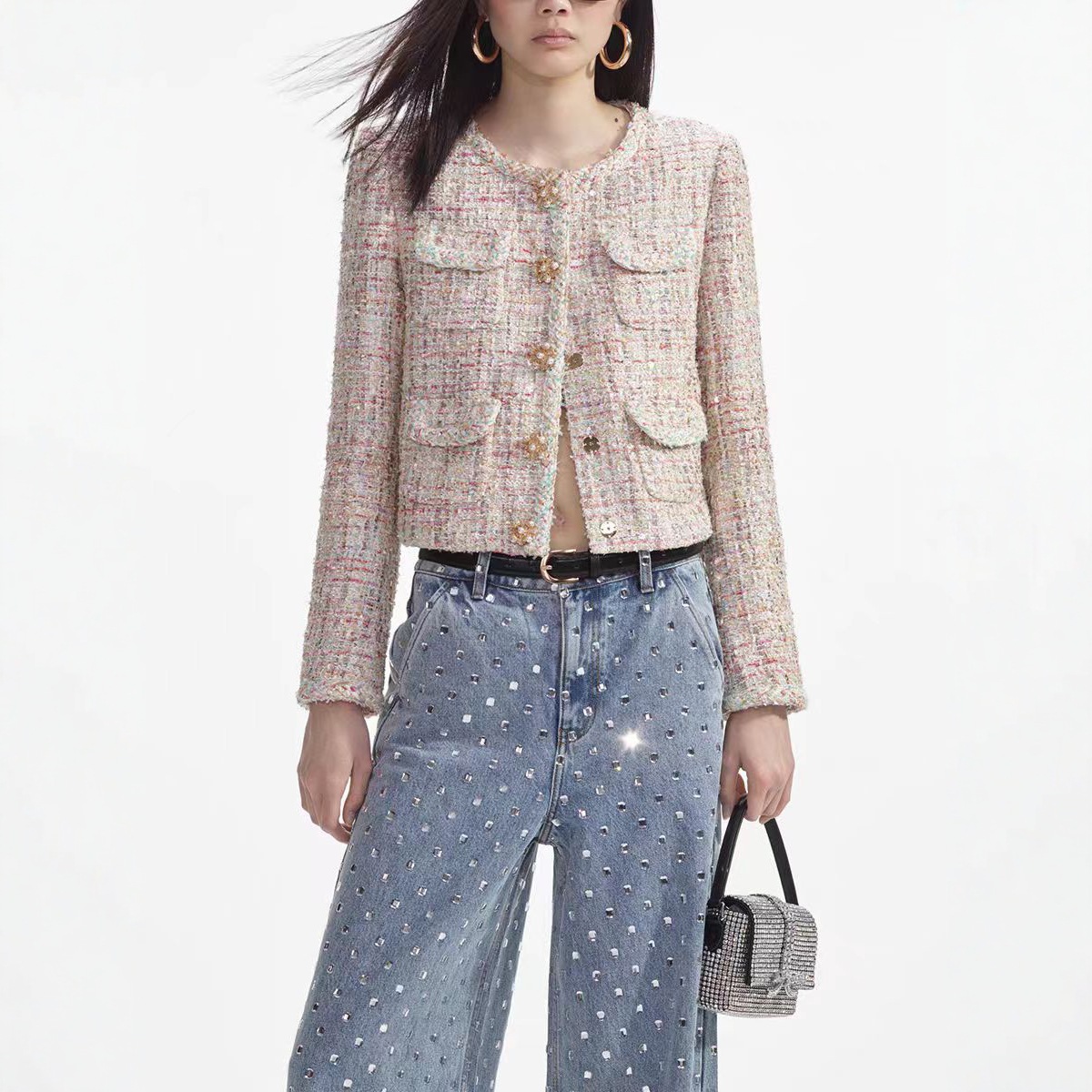 2025 New French-Style Tweed Short Jacket for Women, Elegant Socialite Commuter Long-Sleeve Round Neck Single-Breasted Top