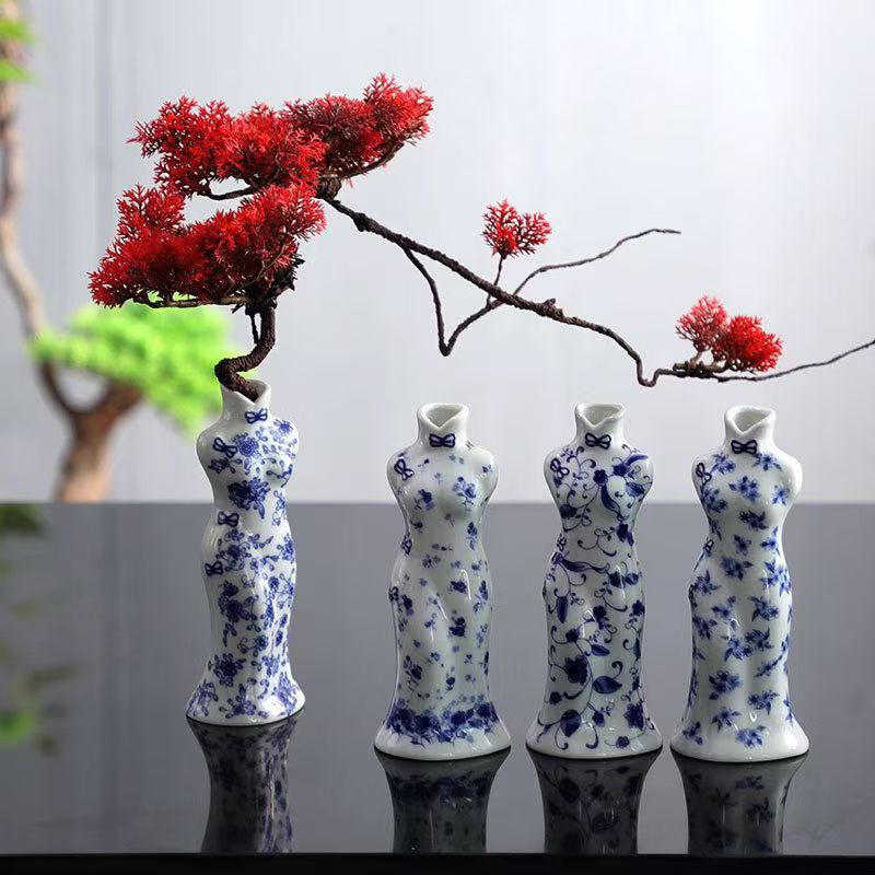 Decoración de jardín de cheongsam decoración de sala de estar de alto nivel decoración de estudio belleza floral porcelana azul seco gabinete de televisión