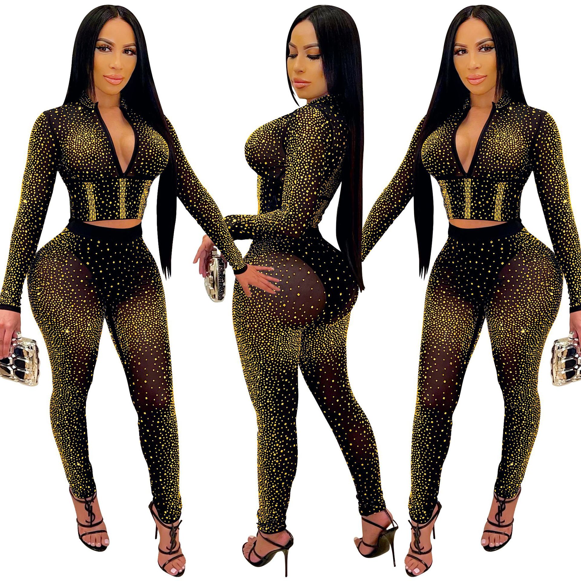 Street Women's Sexy Solid Color Polyester Diamond Pants Sets Pants Sets display picture 18