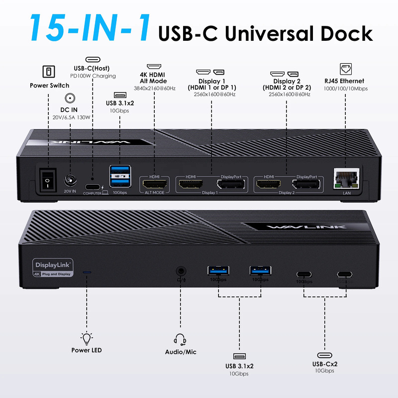 Wavlink 130W Power Transmission 3-Monitor Multi-Function Displaylink Docking Station with Rj45 Network Port