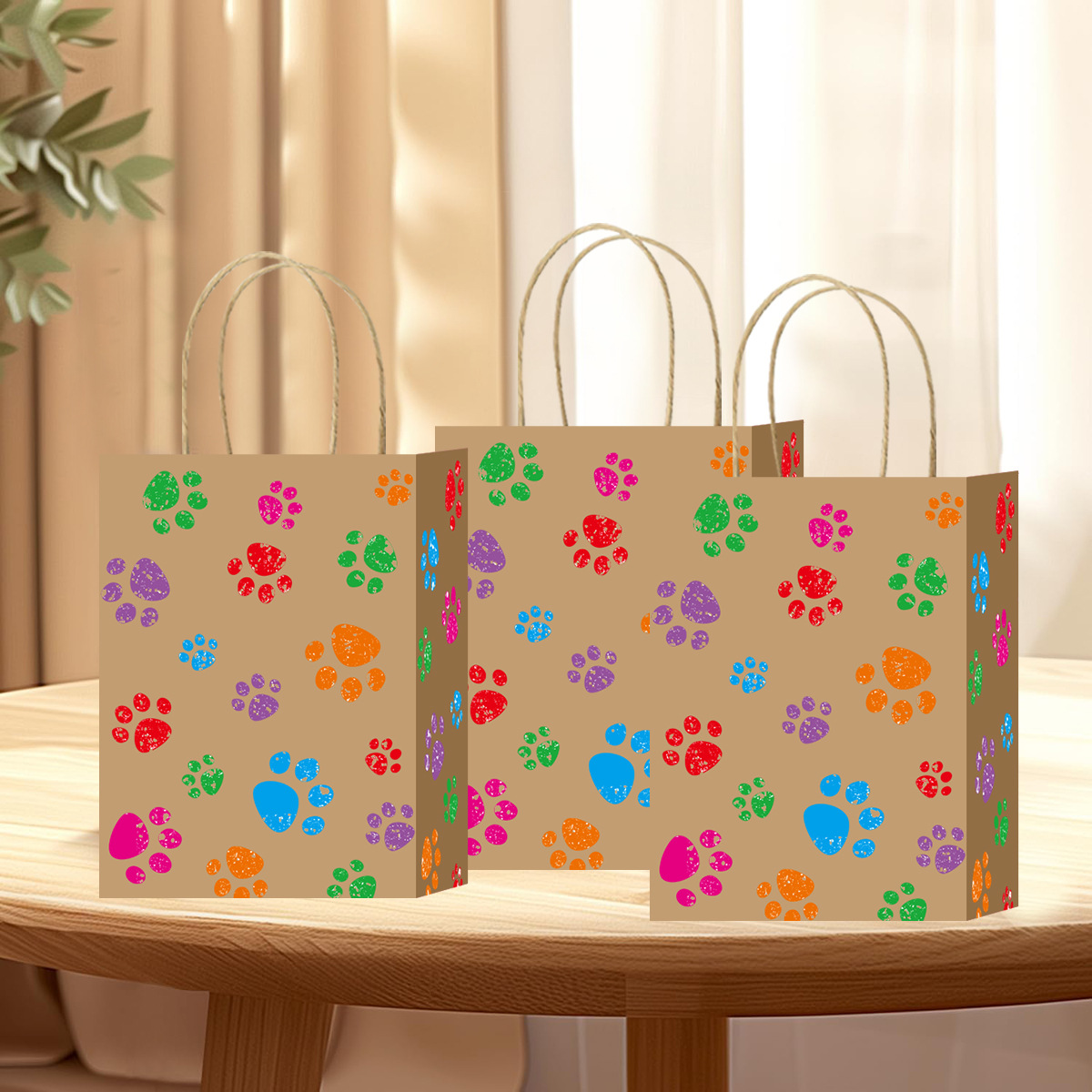 跨境纸袋彩色猫爪印牛皮纸袋包装礼袋伴手高级感手提袋礼品袋结实