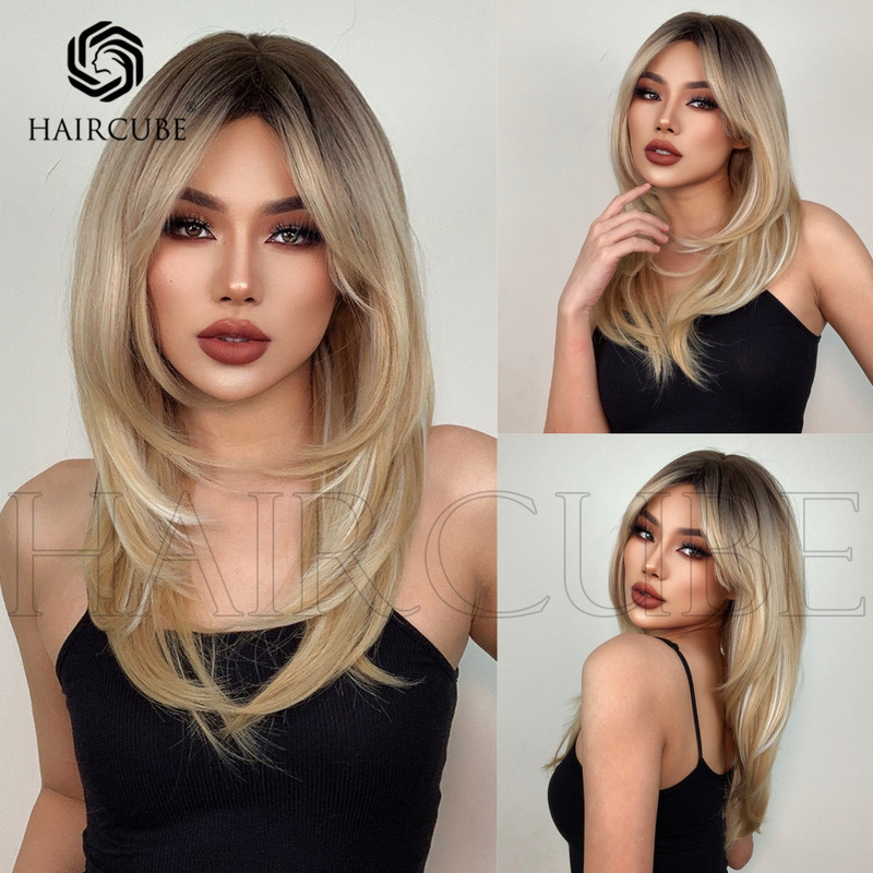 European and American wig female long bangs high-level wig eight-character bangs gradient golden full-head mechanism wig manufacturers