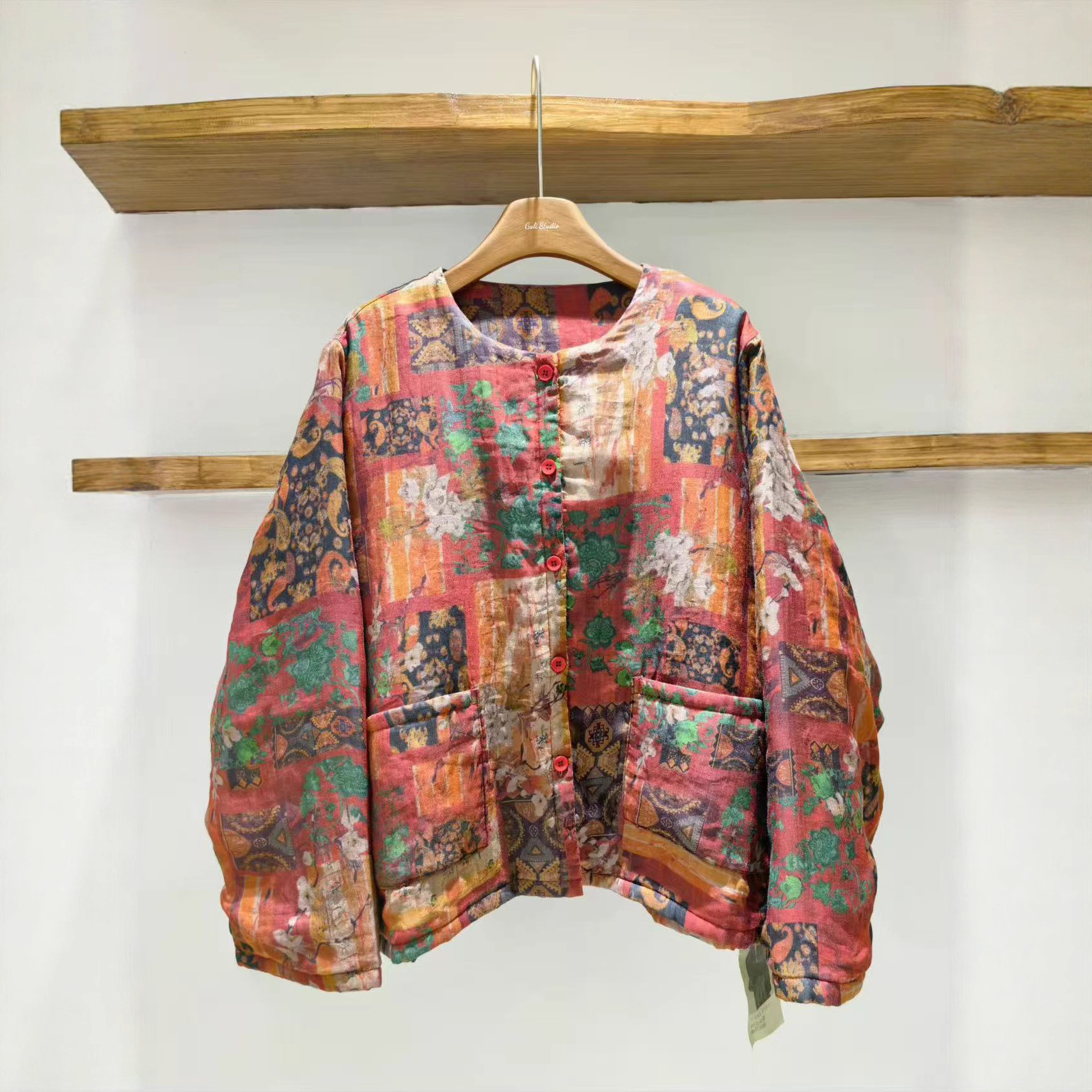 复古印花拼色宽松款2025秋冬圆领宽松盘扣短外套时尚民族风棉衣