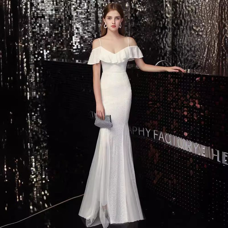 White Fishtail Evening Dress for Women with Suspenders 2025 New Elegant Banquet Birthday Dress Long Slim Sexy Dress