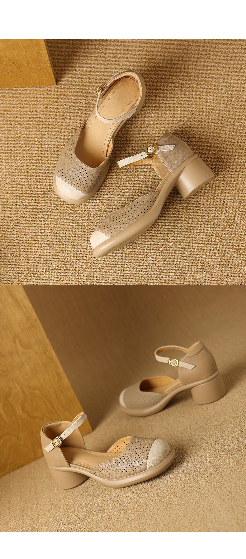 Sandal nữ mũi đục lỗ da cừu đế dày gót thô — Màu trắng be chi tiết 17