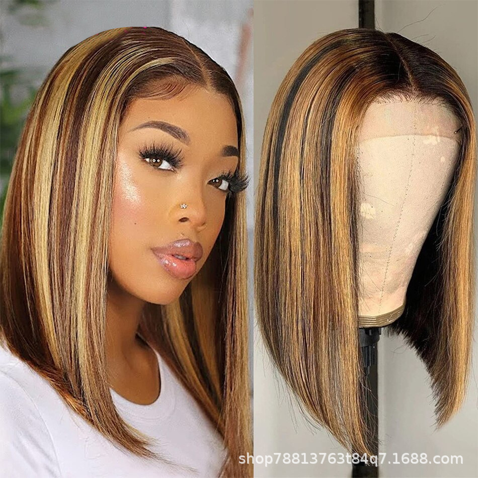 Cross-border piano color Bob cabeza P4/27 resalte color real cabello humano conjunto frente Peluca de encaje