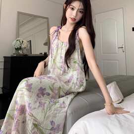 【双层内里】夏季新款女装垂坠感紫色碎花吊带裙雪纺连衣裙中长裙
