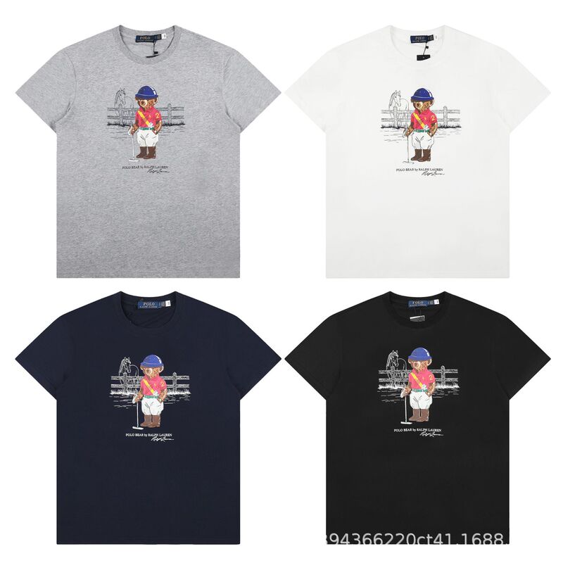 New Model with Qr Code for Cross-Border Trade, Rl Casual Pure Cotton No. 3 Hooded Polo Bear Men's and Women's Casual T-Shirt with Round Neck