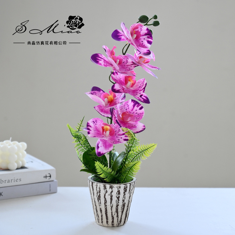 8 flores 3 hojas se sienten Phalaenopsis bonsai flor artificial de gama alta sala de estar decoración floral artificial en maceta flor artificial image 5