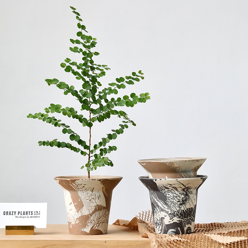 Texture Sense Ceramic Breathable Flower Pot Unglazed Twister Large Diameter Ceramic Pot Rough Pottery Clay Green Planting Pot Hat Camouflage