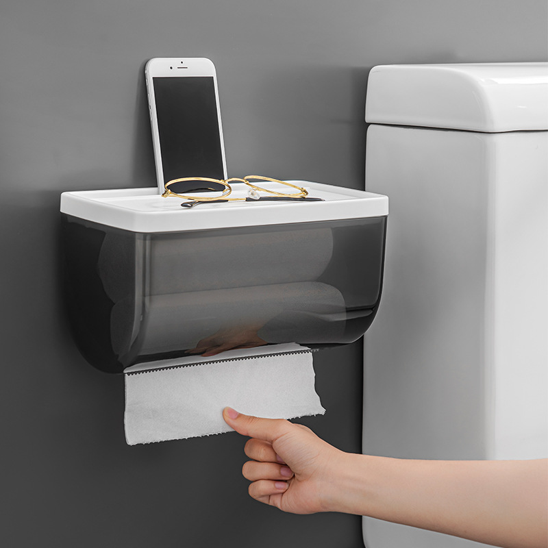 Portarrollos de papel para baño, caja de papel higiénico impermeable de plástico para el hogar, sin perforaciones, caja de almacenamiento montada en la pared agrandada para cocina