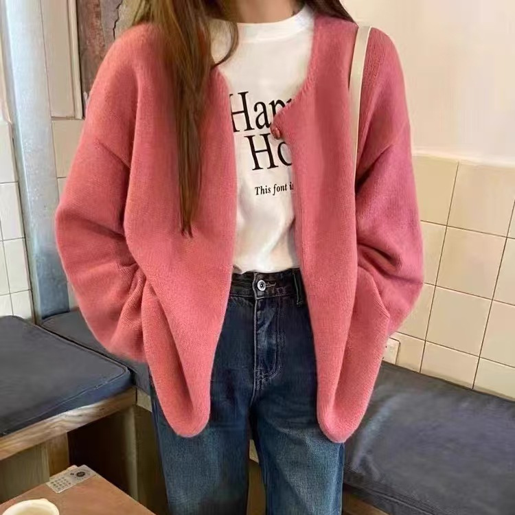 Yunshu Lazy Style Round Neck Sweater Jacket for Women Korean Style Autumn and Winter Loose One-Button Inner Cardigan Sweater New Style