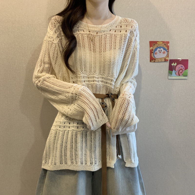设计感钩花镂空针织衫女秋季新款胖MM气质百搭遮肚中长款开叉罩衫|undefined