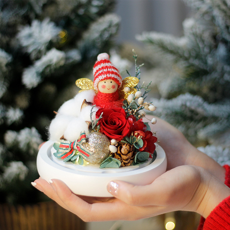 Rosa eterna Navidad chica regalo de cumpleaños para La novia con base de luz cubierta de cristal redonda muñeca flor eterna