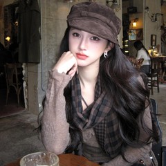 入秋氛围感美拉德~棕色麂皮绒平顶贝雷帽女秋冬复古八角画家帽子