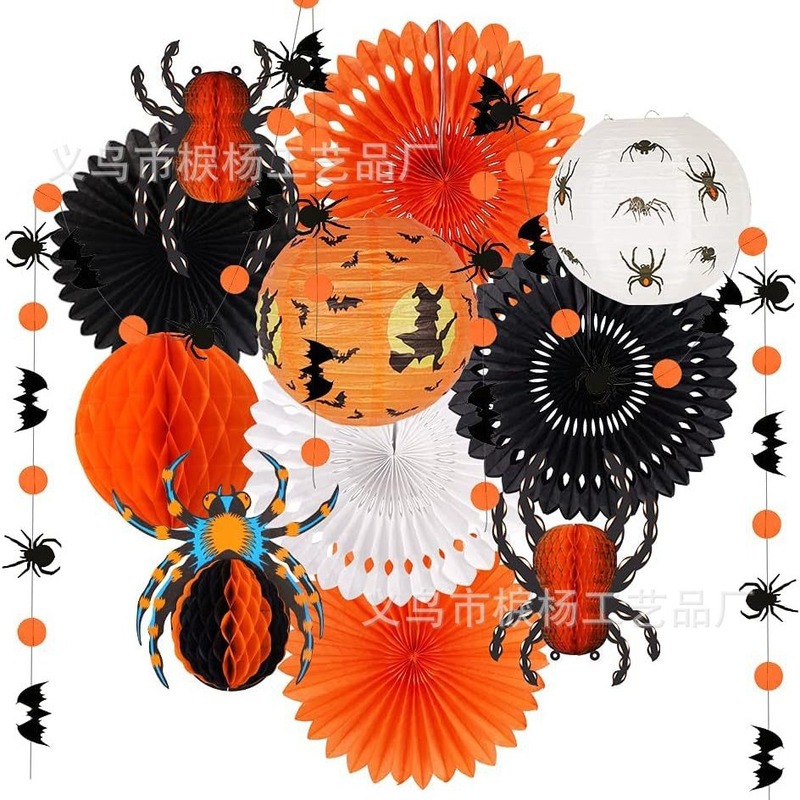 ハロウィーンパーティー装飾クモ掛け提灯紙引き花串ハロウィーンシーン配置装飾用品12PC|undefined