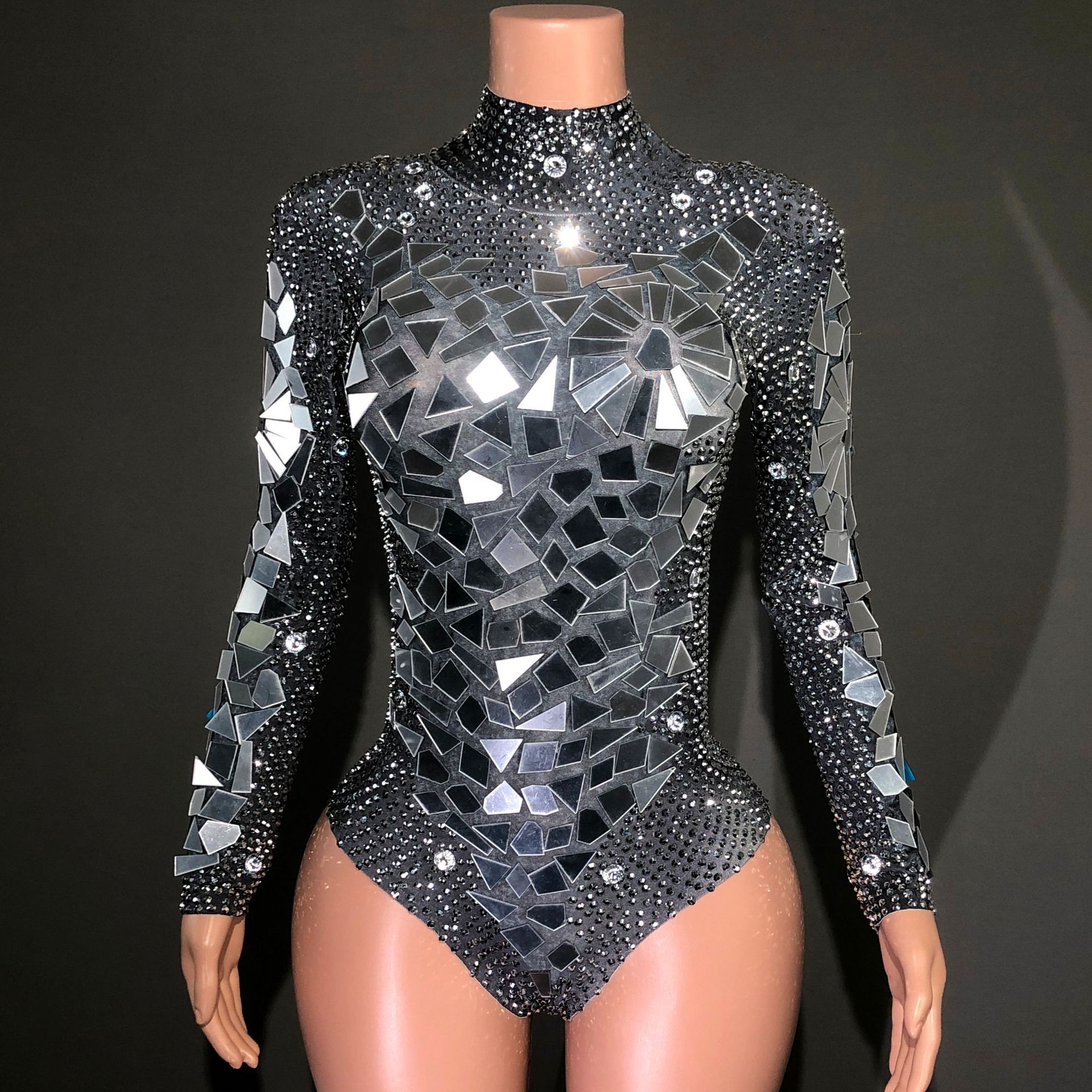 STOCK European and American sexy singer model lens elastic tight diamond jumpsuit stage performance costume cross
