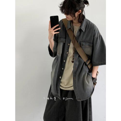 Summer Japanese Washed Distressed Pocket Short Sleeve Denim Shirt for Men and Women, Trendy Retro Workwear Blouse and Jacket