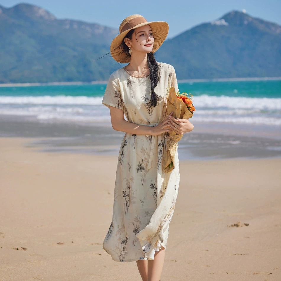 2024 летний новый китайский стиль женская чернила с принтом Рами длинное платье длинное платье с круглым вырезом