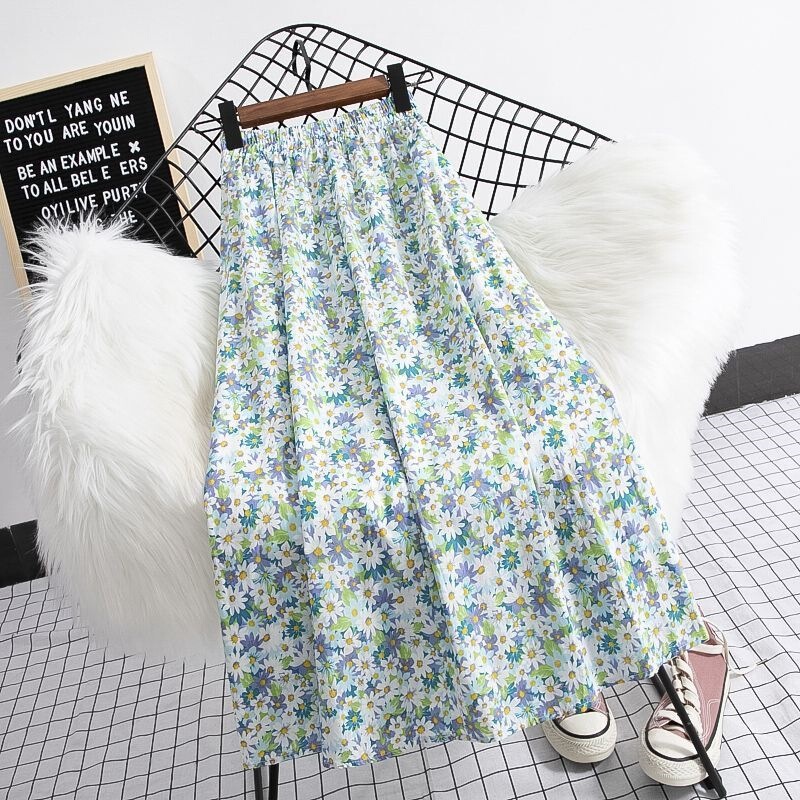 Plus-Size Artistic Floral Print Half-Skirt for Women, New Summer High-Waisted Chiffon A-Line Oil Painting Daisy Pattern Large Hem Mid-Length Skirt