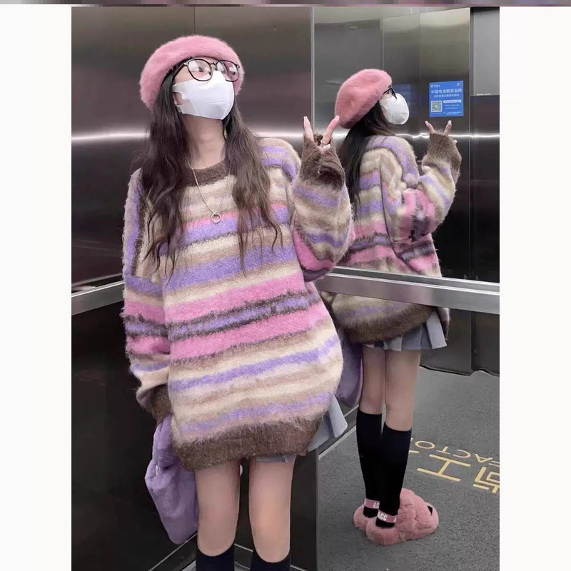 Autumn and winter colorful casual striped knit sweater, thickened pullover for women, loose, hoodless, soft and cozy base top Autumn and winter colorful casual striped knit sweater, thickened pullover for women, loose, hoodless, soft and cozy base top