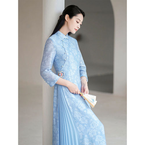 Light blue chinese dress oriental qipao Improved version of Chinese cheongsam Ao Dai long retrotemperament elegant dress
