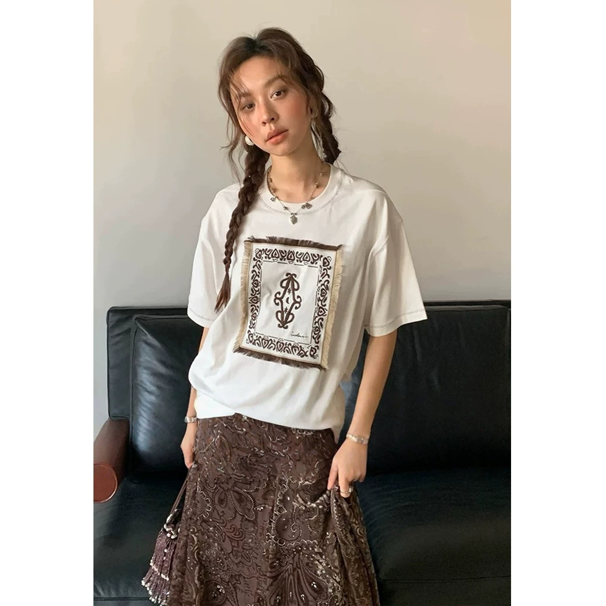 1CE同款游牧复古流苏刺绣短袖女100%纯棉圆领宽松上衣1359四媛