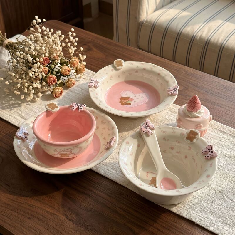 Korean New Style Girly Heart-Shaped Floral Bear Ceramic Tableware Ins Korean Style Dinner Plate Salad Rice Bowl Noodle Bowl Pink Korean New Style Girly Heart-Shaped Floral Bear Ceramic Tableware Ins Korean Style Dinner Plate Salad Rice Bowl Noodle Bowl Pink