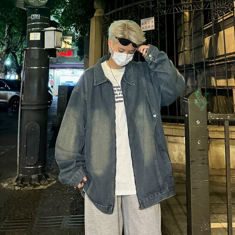 High Street Washed Dressed Tie-Dye Tooling Denim Jacket Men's Temperament Nipped Sleeve Autumn regular Trendy Long Sleeve Teenagers