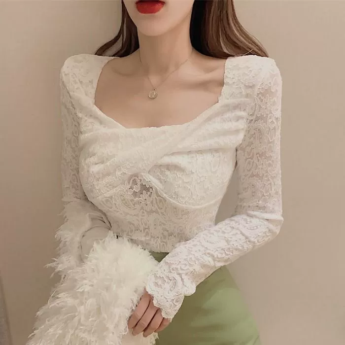 2024 весеннее платье новый сексуальный квадратный воротник с длинными рукавами топ темпераментный кружевная рубашка с тонкой нижней рубашкой