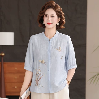 2026时尚短袖衬衫女妈妈款夏装洋气刺绣上衣服中老年大码宽松开衫