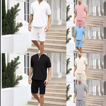 跨境新款男运动休闲套装纯色修身短袖短裤2件套 时尚夏季套装男装