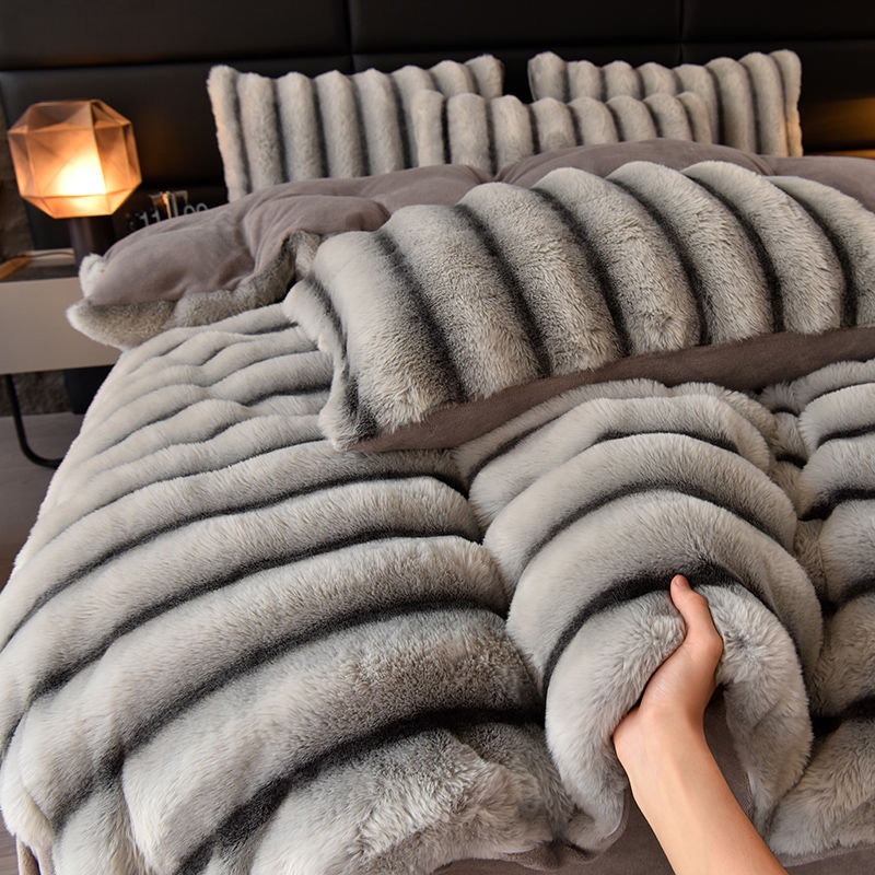 Thickened Rabbit Plush Four-Piece Winter Warm Double-Sided Velvet Bed Skirt Quilt Cover Coral Velvet Bed Three-Piece Set